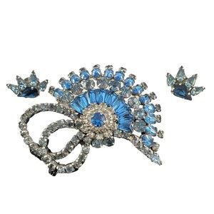 Vintage Sherman Brooch Earrings Dome Signed Blue Rhinestones Crystal  Swarovski